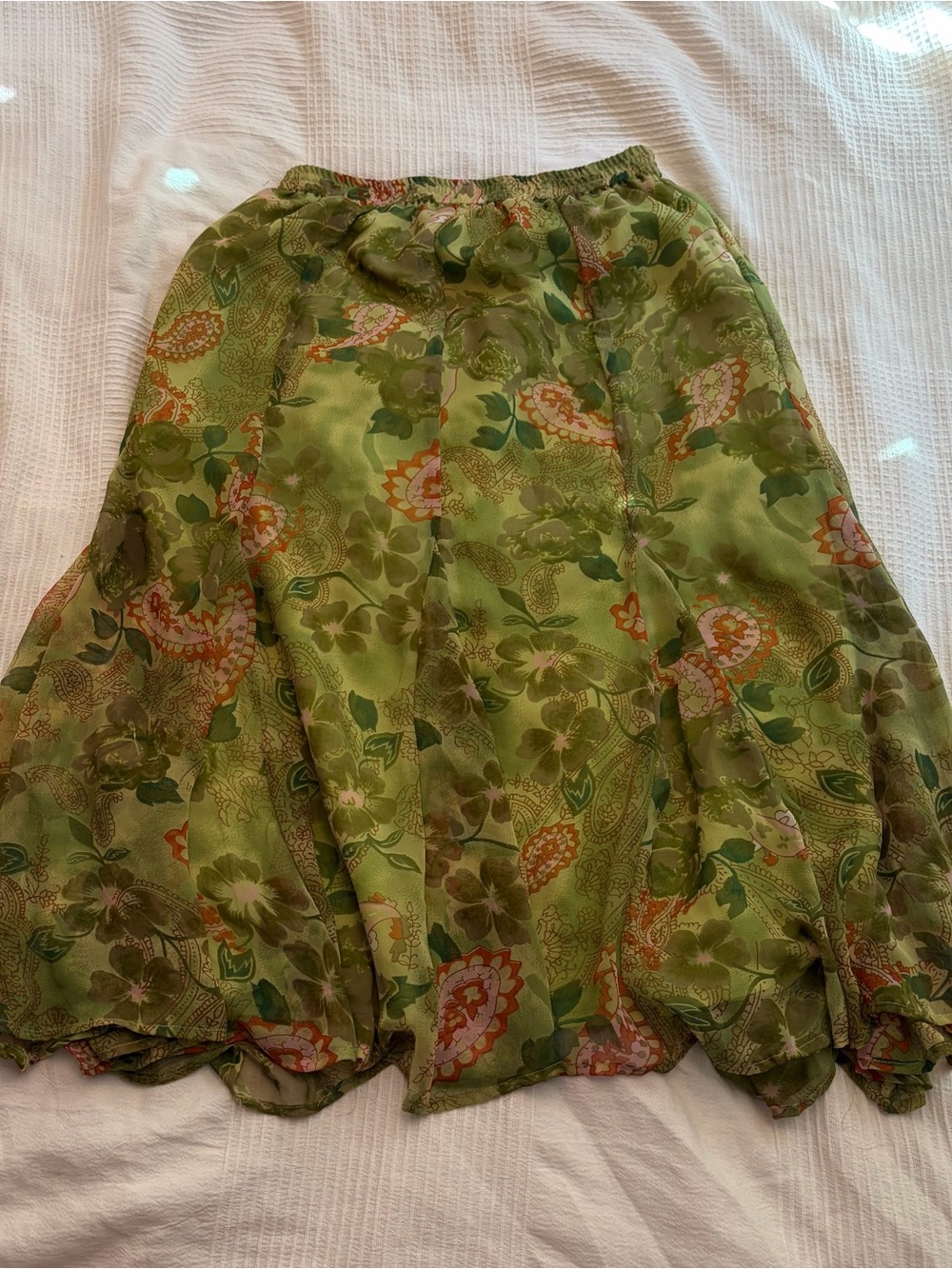 Green Floral A-Line Skirt with Elastic Waist